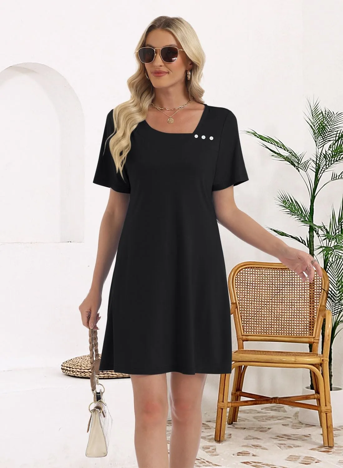 Soesdemo Womens Summer Dresses Square Neck Short Sleeve Buttons Casual Beach Boho 2025 Fashion Sundress