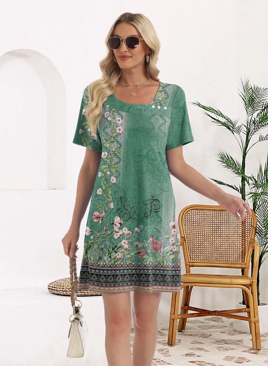 Soesdemo Womens Summer Dresses Square Neck Short Sleeve Buttons Casual Beach Boho 2025 Fashion Sundress