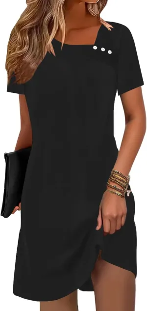 Soesdemo Womens Summer Dresses Square Neck Short Sleeve Buttons Casual Beach Boho 2025 Fashion Sundress