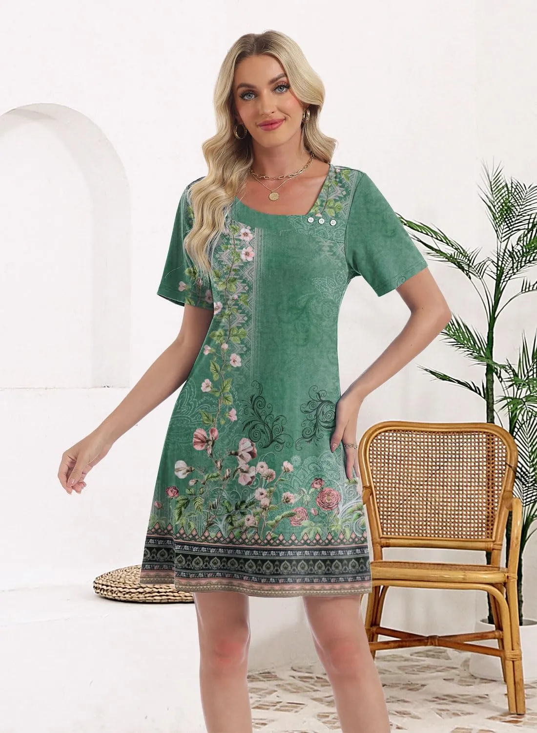Soesdemo Womens Summer Dresses Square Neck Short Sleeve Buttons Casual Beach Boho 2025 Fashion Sundress
