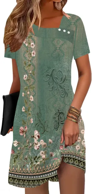 Soesdemo Womens Summer Dresses Square Neck Short Sleeve Buttons Casual Beach Boho 2025 Fashion Sundress