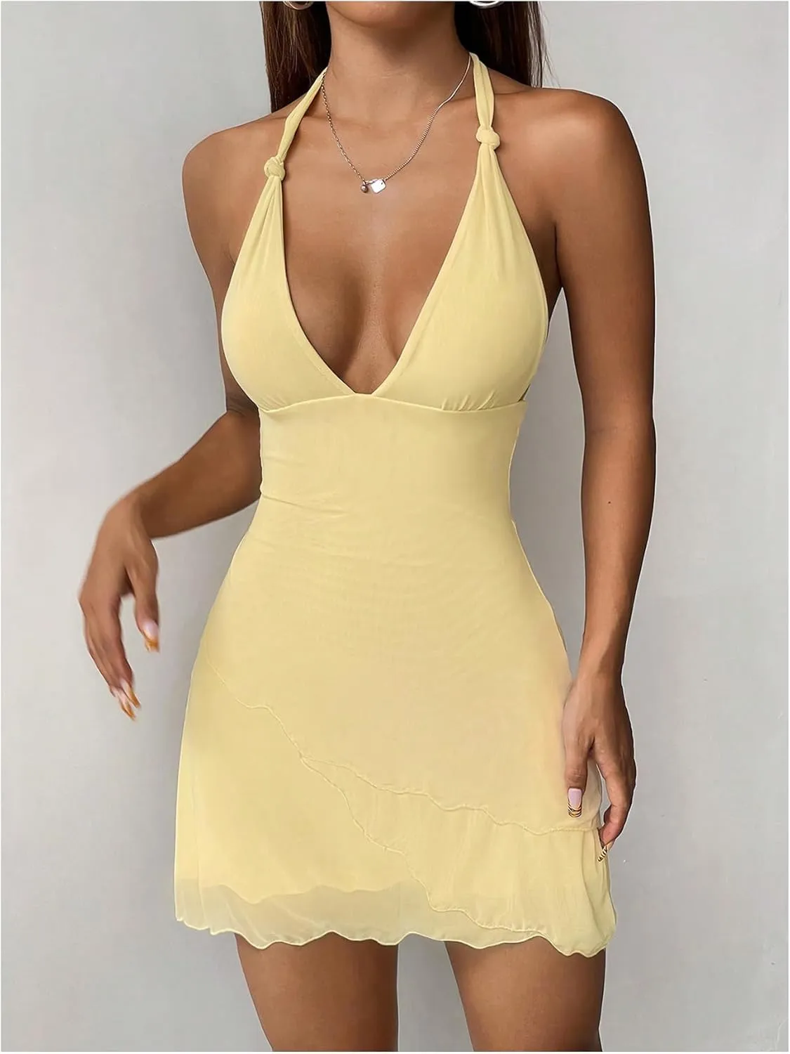 SOLY HUX Women's Deep V Neck Halter Mesh Sleeveless Bodycon Mini Dress Party Beach Vacation Clothes