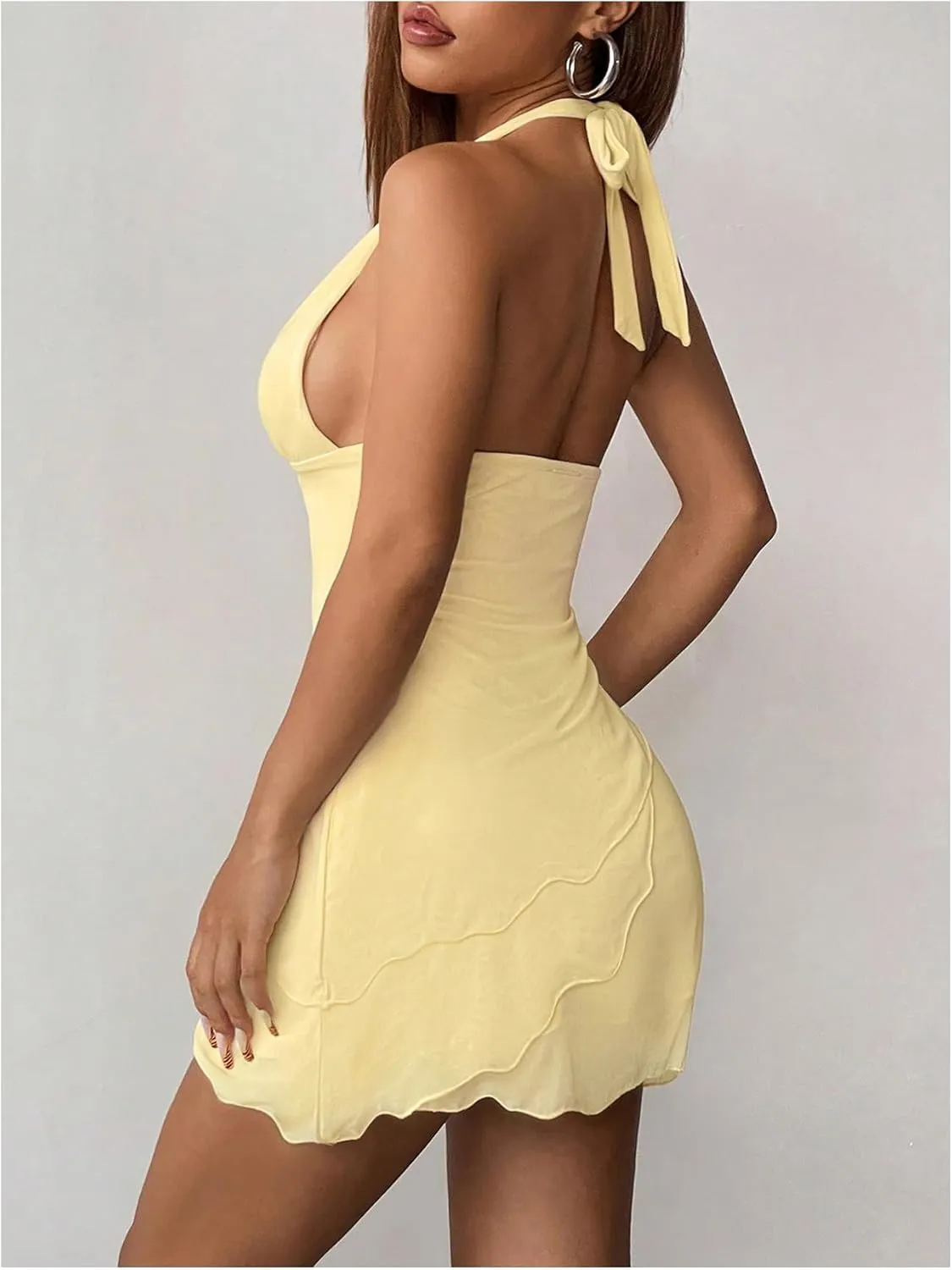 SOLY HUX Women's Deep V Neck Halter Mesh Sleeveless Bodycon Mini Dress Party Beach Vacation Clothes