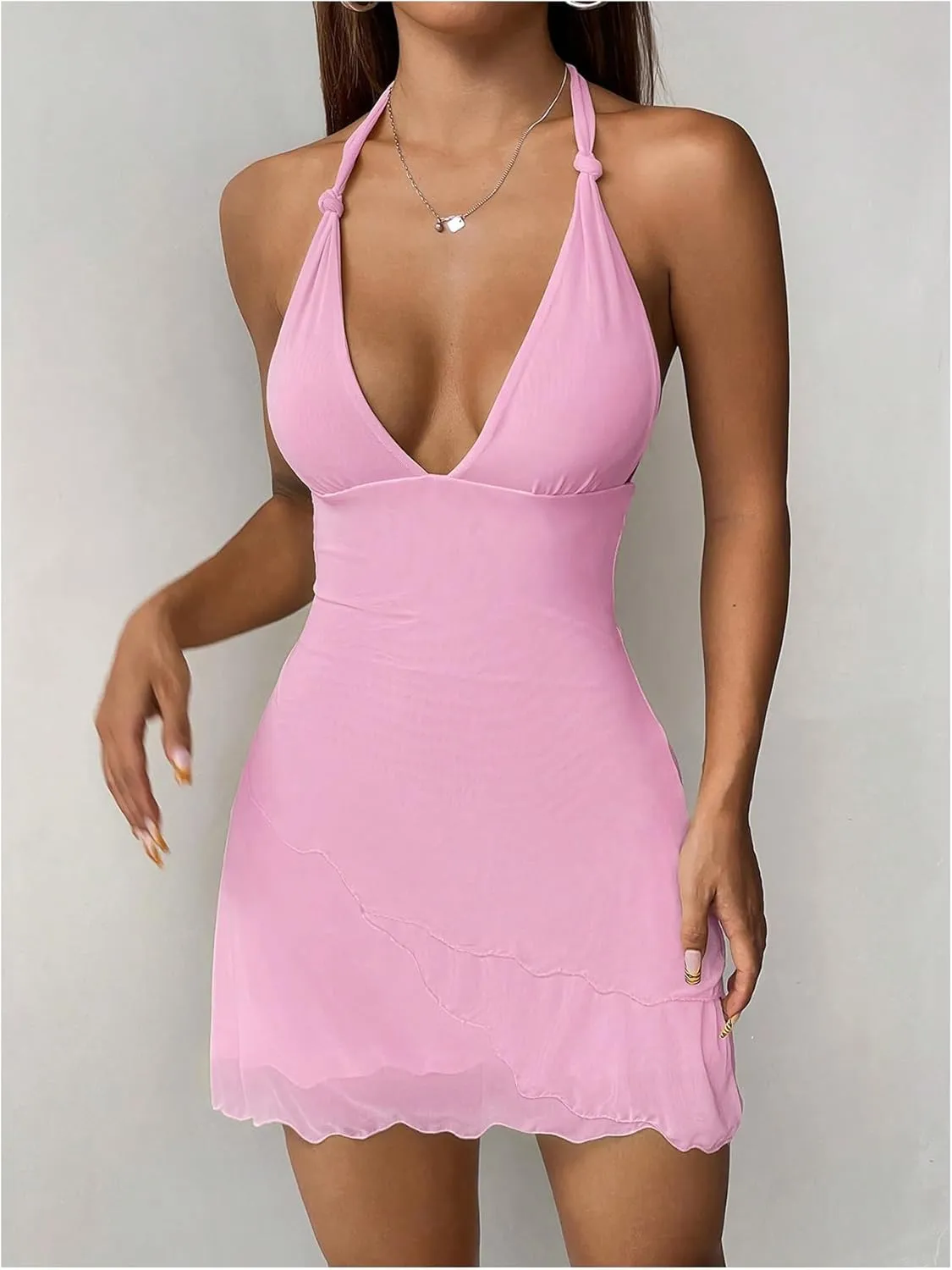 SOLY HUX Women's Deep V Neck Halter Mesh Sleeveless Bodycon Mini Dress Party Beach Vacation Clothes