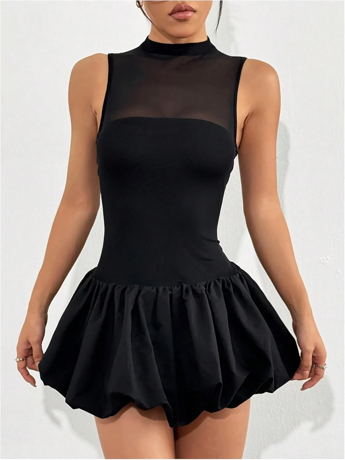 SOLY HUX Women's Mesh Bubble Dress Mock Neck Sleeveless A Line Summer Mini Dresses