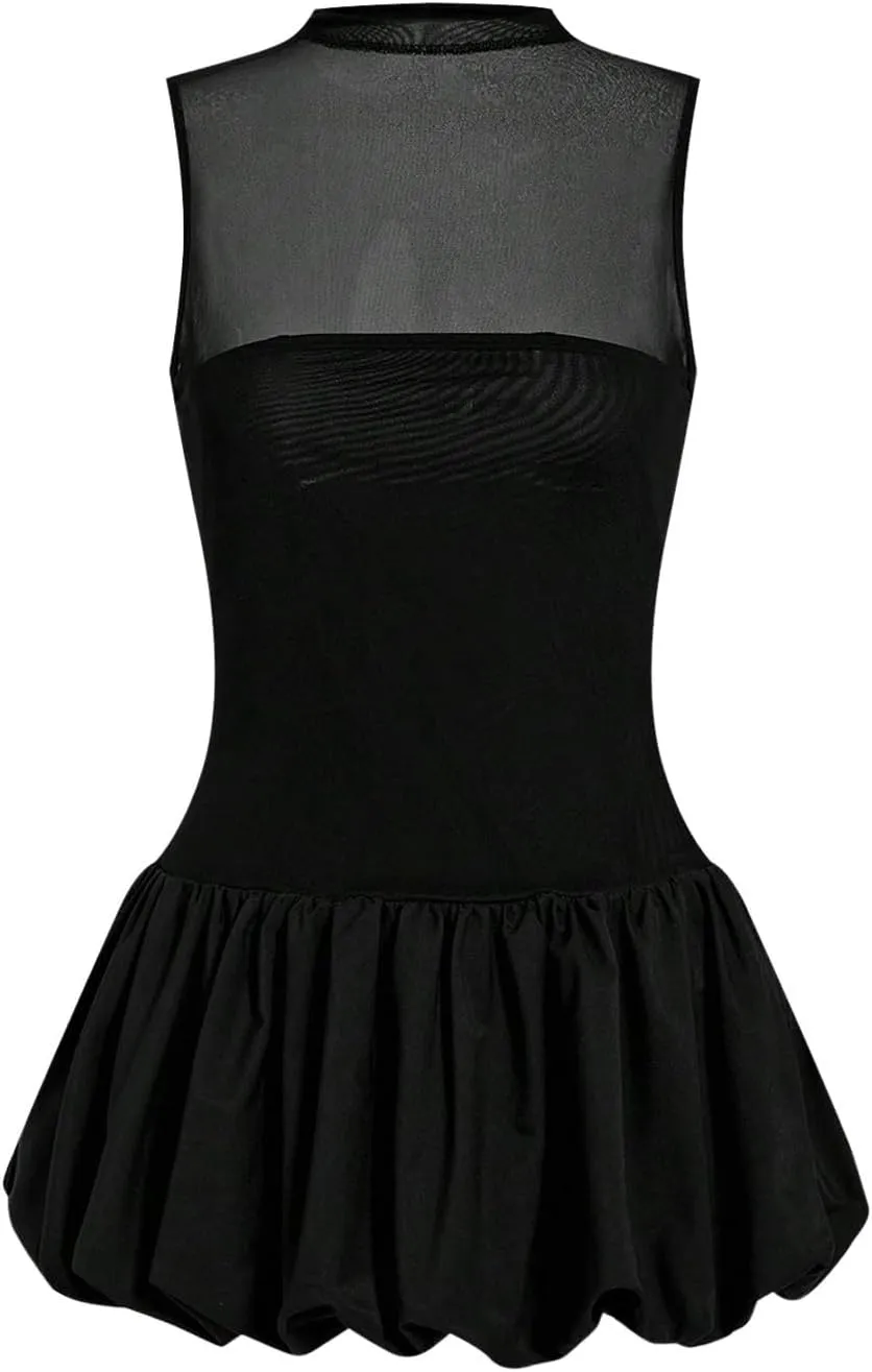 SOLY HUX Women's Mesh Bubble Dress Mock Neck Sleeveless A Line Summer Mini Dresses