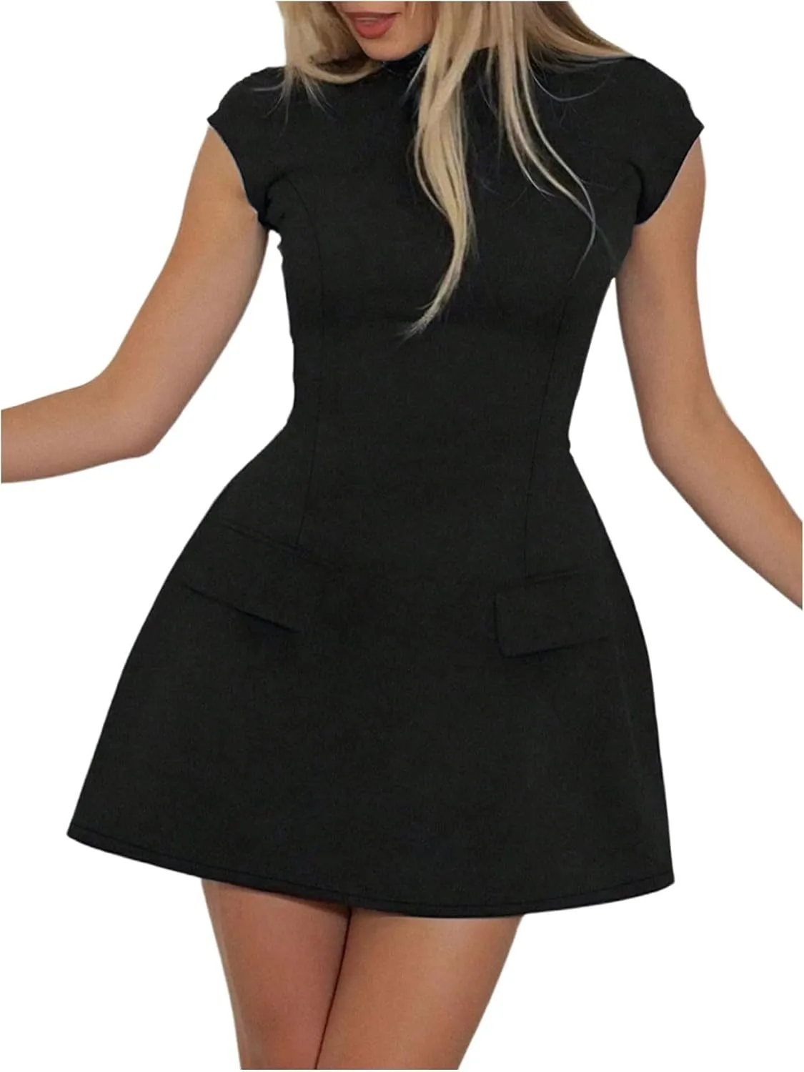 SOLY HUX Women's Mock Neck Cap Sleeve Dress Elegant A Line Flared Mini Dresses