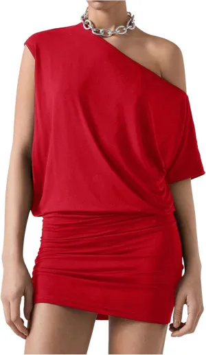 SOLY HUX Women's Off The Shoulder Mini Dress Asymmetrical Neck Short Sleeve Casual Bodycon T Shirt Dresses