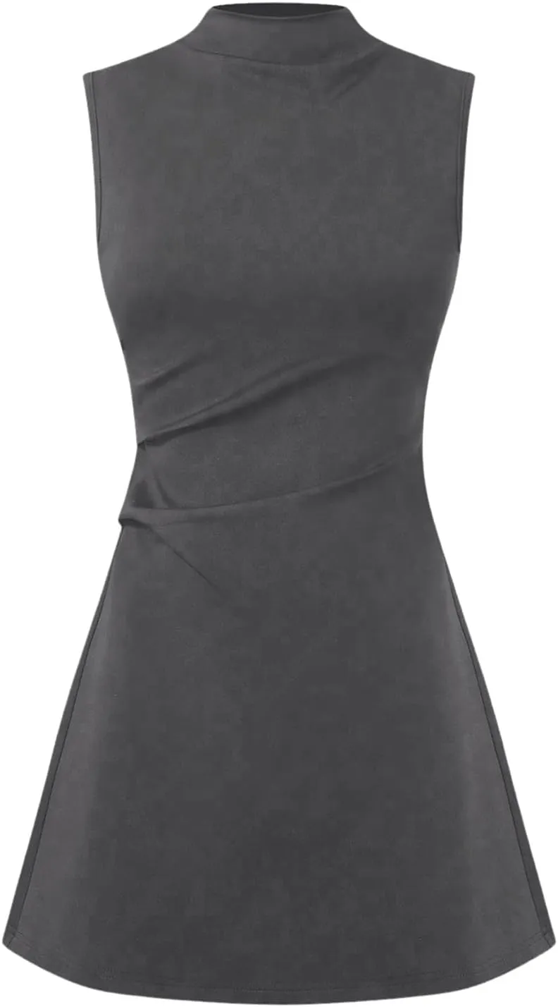 SOLY HUX Women's Sleeveless Mini Dress Mock Neck Ruched A Line Casual Short Dresses