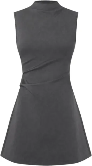 SOLY HUX Women's Sleeveless Mini Dress Mock Neck Ruched A Line Casual Short Dresses