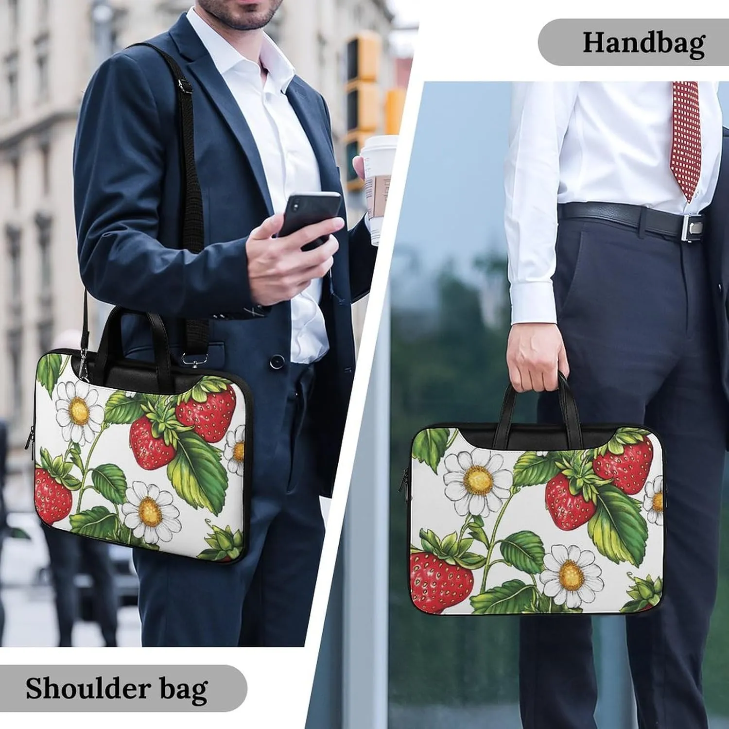 Strawberry Flowers And Leaves Leather Bag Laptop Case Slim Water Resistant Computer Bags with Handle Briefcase for Work
