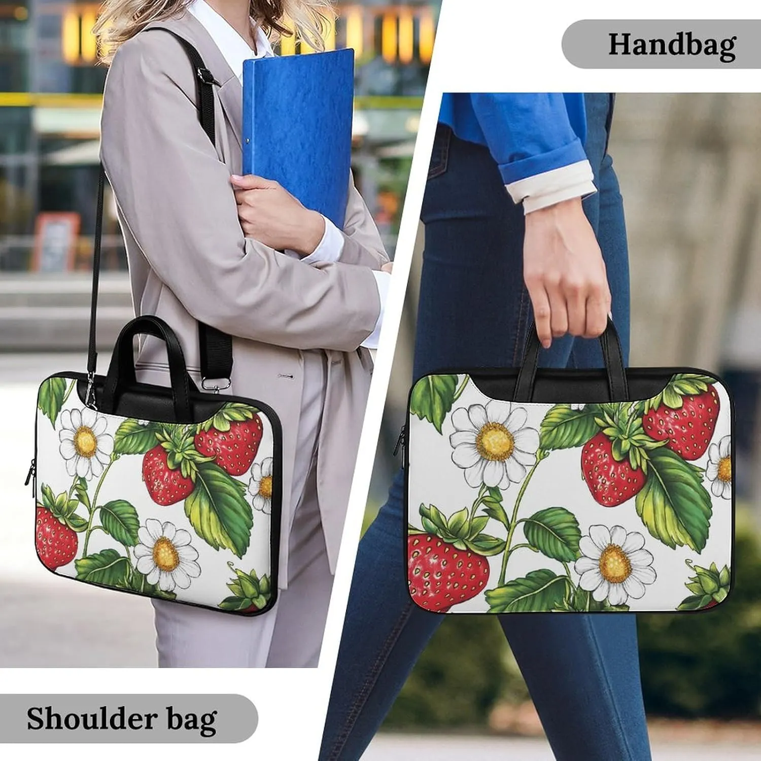 Strawberry Flowers And Leaves Leather Bag Laptop Case Slim Water Resistant Computer Bags with Handle Briefcase for Work