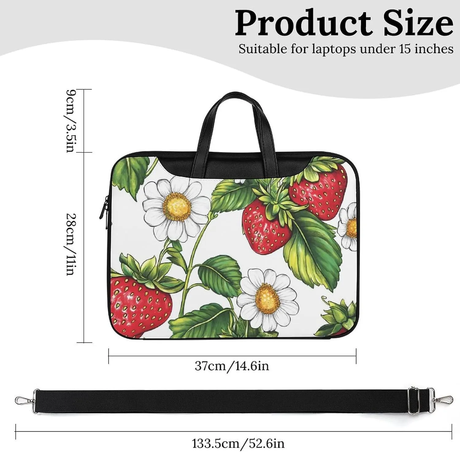 Strawberry Flowers And Leaves Leather Bag Laptop Case Slim Water Resistant Computer Bags with Handle Briefcase for Work