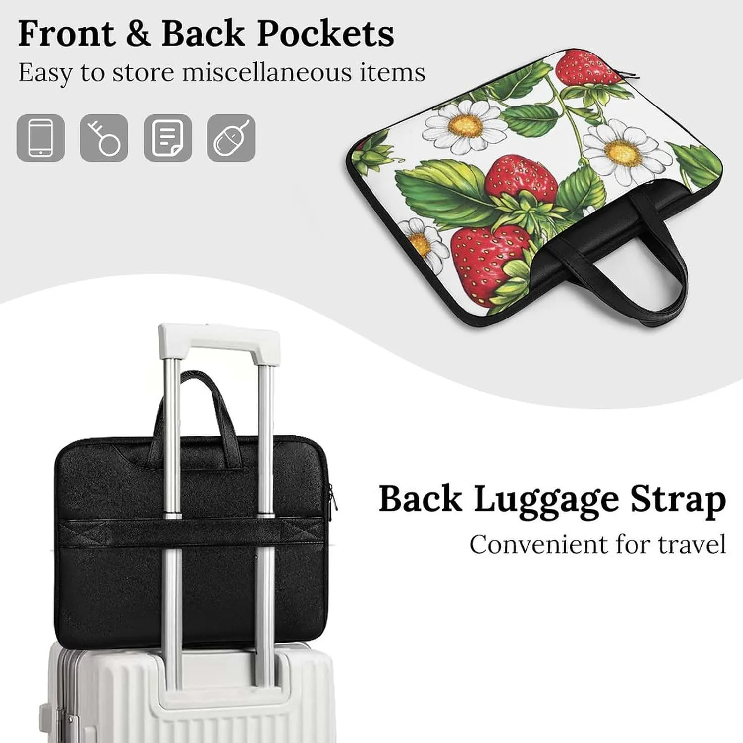 Strawberry Flowers And Leaves Leather Bag Laptop Case Slim Water Resistant Computer Bags with Handle Briefcase for Work