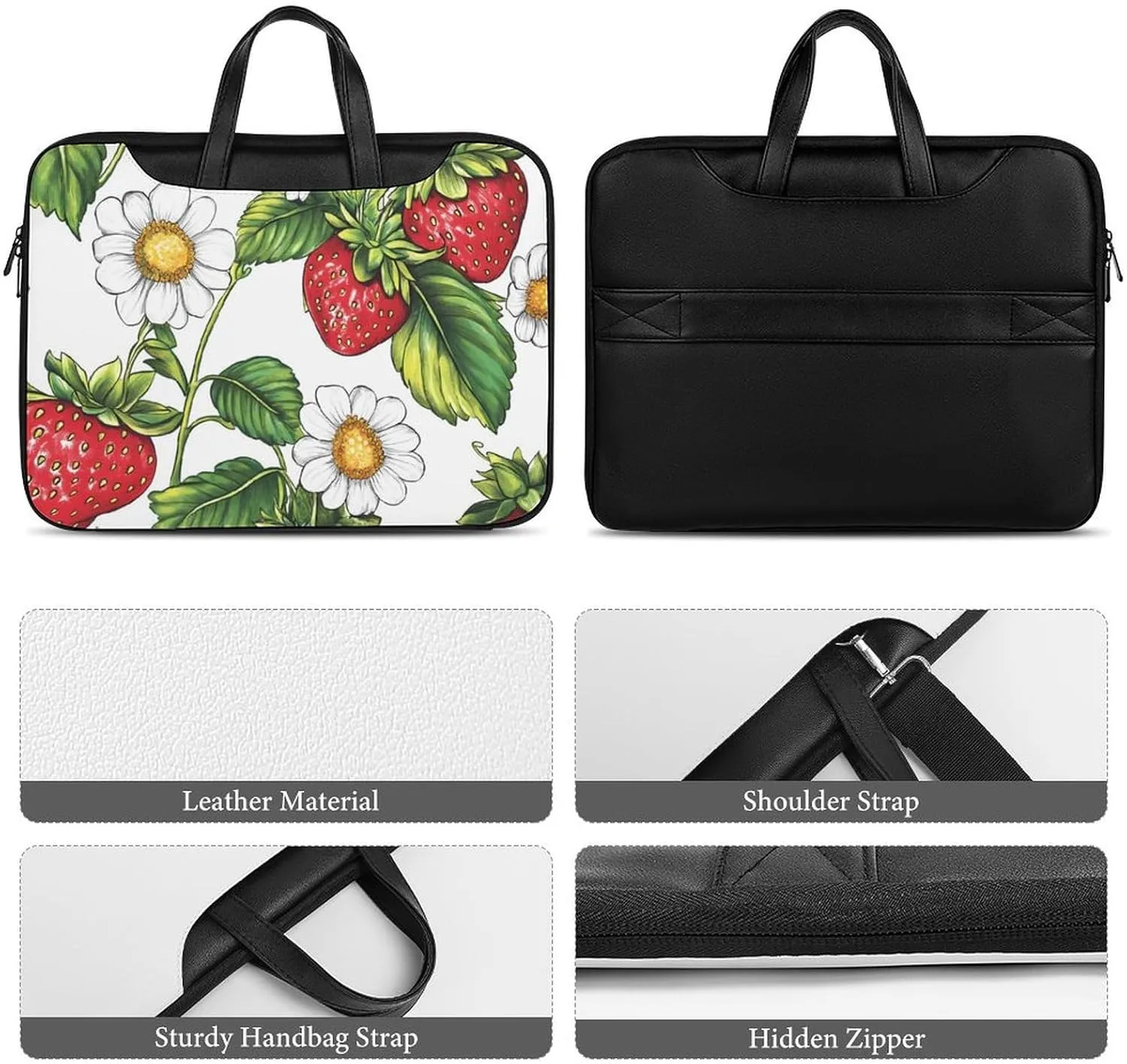 Strawberry Flowers And Leaves Leather Bag Laptop Case Slim Water Resistant Computer Bags with Handle Briefcase for Work