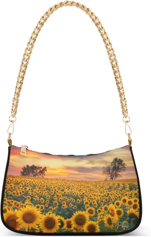 Sunflower Field Sunset Shoulder Handbags for Women Travel Hobo Tote Handbag Women Gold Chain Shoulder Bags Purse with Zipper Closure