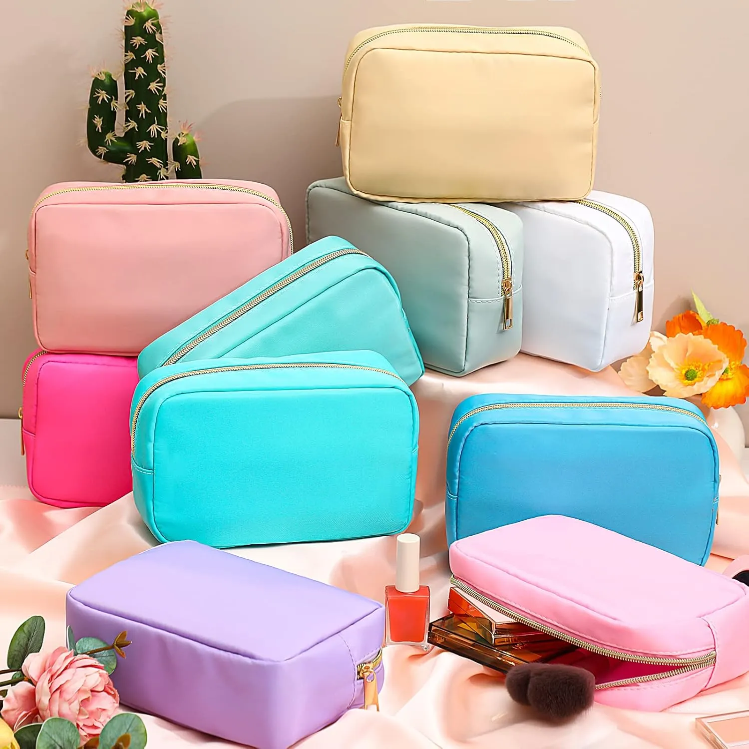 Sweetude 10 Pieces Nylon Makeup Bag Cosmetic Bags for Women Reusable Makeup Organizer Bag Cosmetic Travel Bag Big Capacity Toiletry Travel Organizer with Zipper(Colorful)