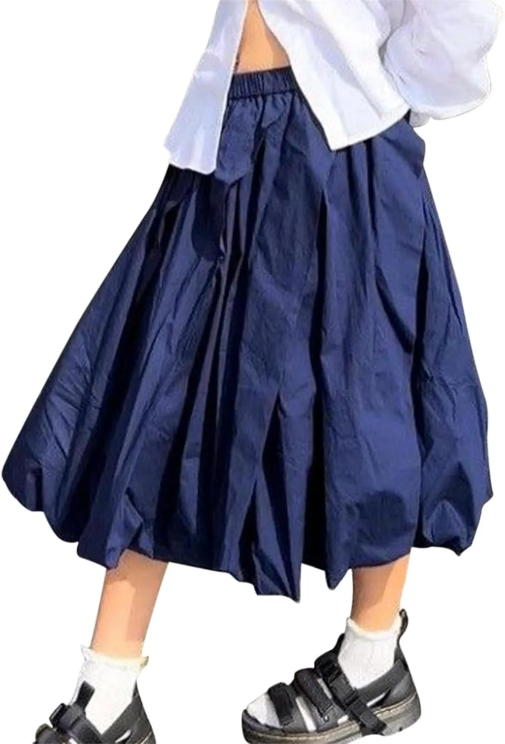 Tenopuli Women Elastic Waist Bubble Midi Skirt Solid Color High Waist Puffy A Line Skirt Casual Baggy Pleated Mid Skirt