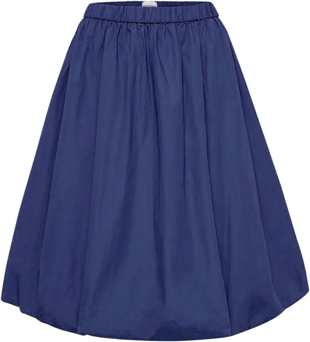 Tenopuli Women Elastic Waist Bubble Midi Skirt Solid Color High Waist Puffy A Line Skirt Casual Baggy Pleated Mid Skirt
