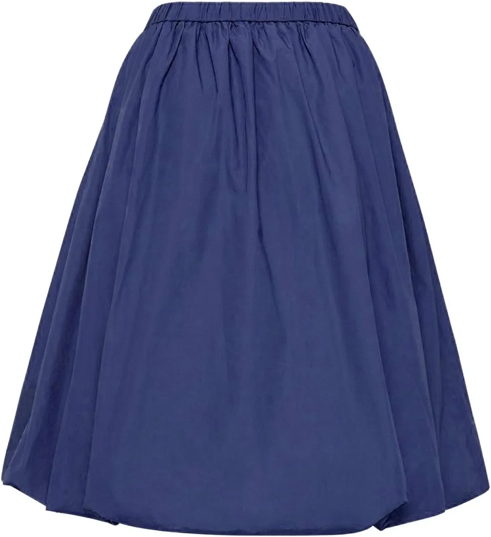 Tenopuli Women Elastic Waist Bubble Midi Skirt Solid Color High Waist Puffy A Line Skirt Casual Baggy Pleated Mid Skirt