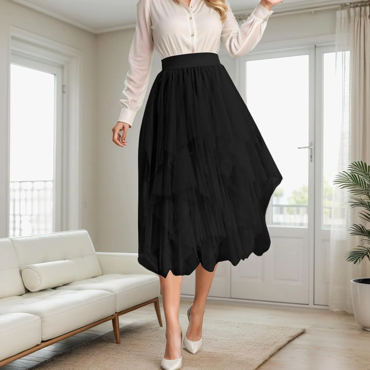 Tulle Skirts for Women Midi Length Summer Pleated Tiered Flowy Asymmetrical Skirt Elastic High Waisted Vacation Mesh Skirts