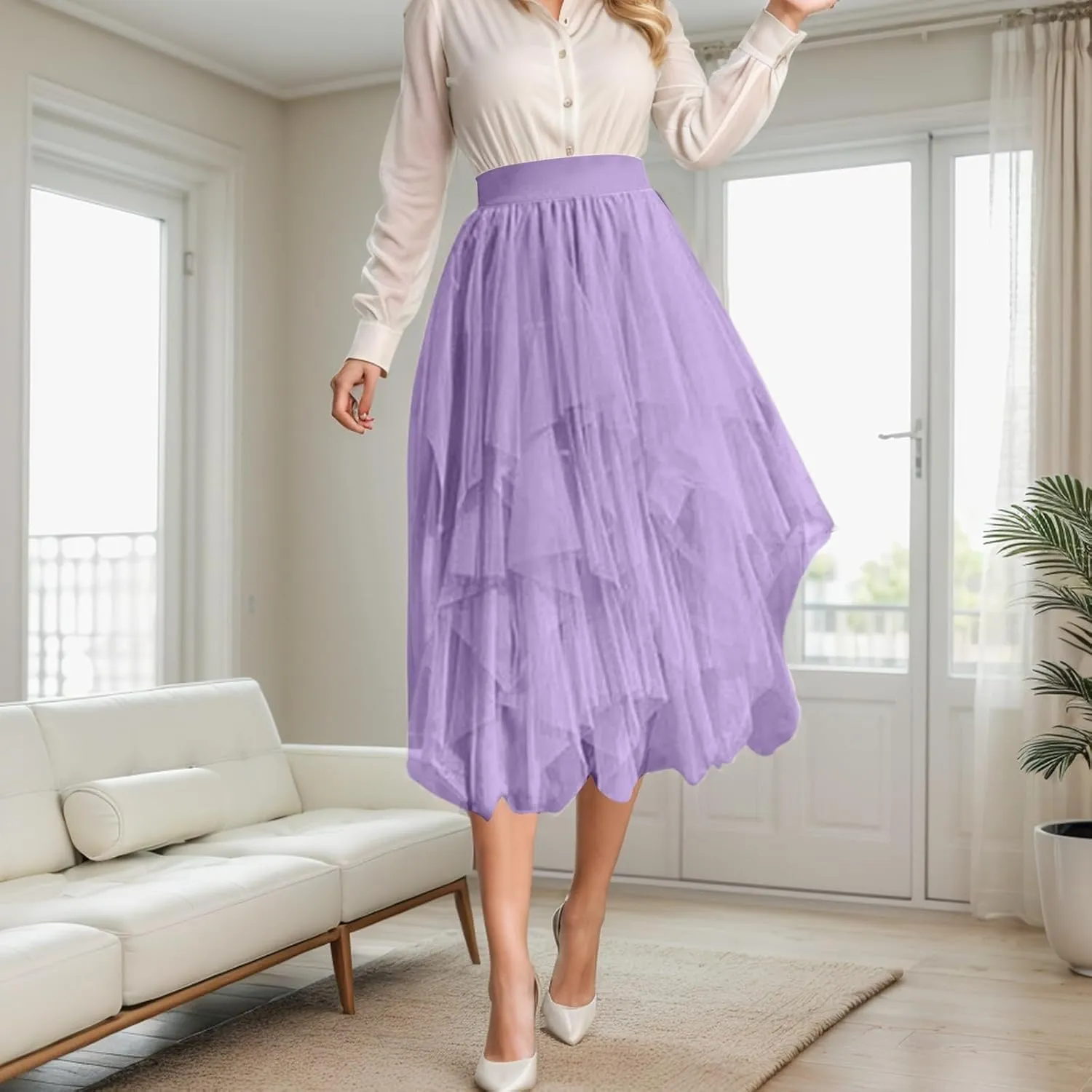 Tulle Skirts for Women Midi Length Summer Pleated Tiered Flowy Asymmetrical Skirt Elastic High Waisted Vacation Mesh Skirts