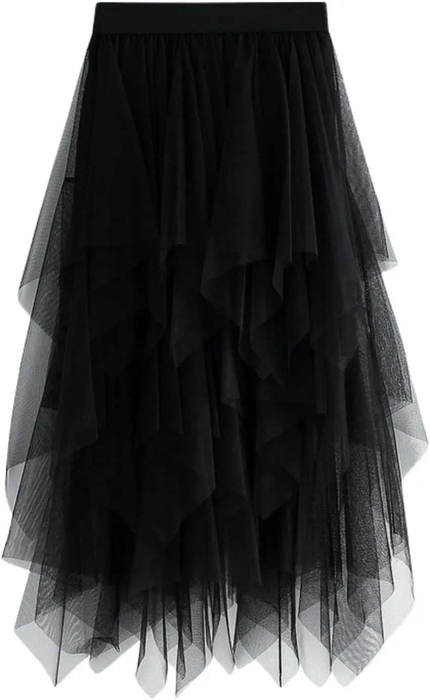 Tulle Skirts for Women Midi Length Summer Pleated Tiered Flowy Asymmetrical Skirt Elastic High Waisted Vacation Mesh Skirts