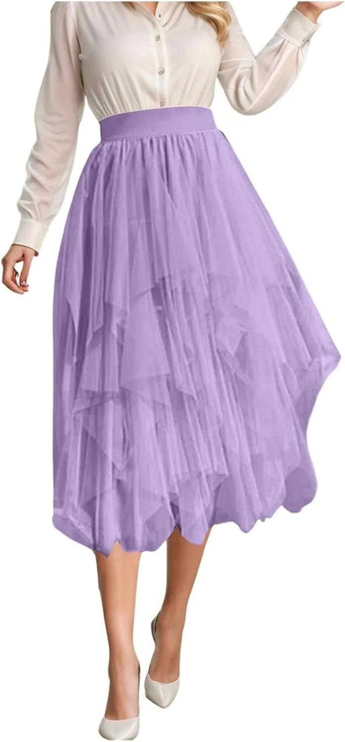 Tulle Skirts for Women Midi Length Summer Pleated Tiered Flowy Asymmetrical Skirt Elastic High Waisted Vacation Mesh Skirts