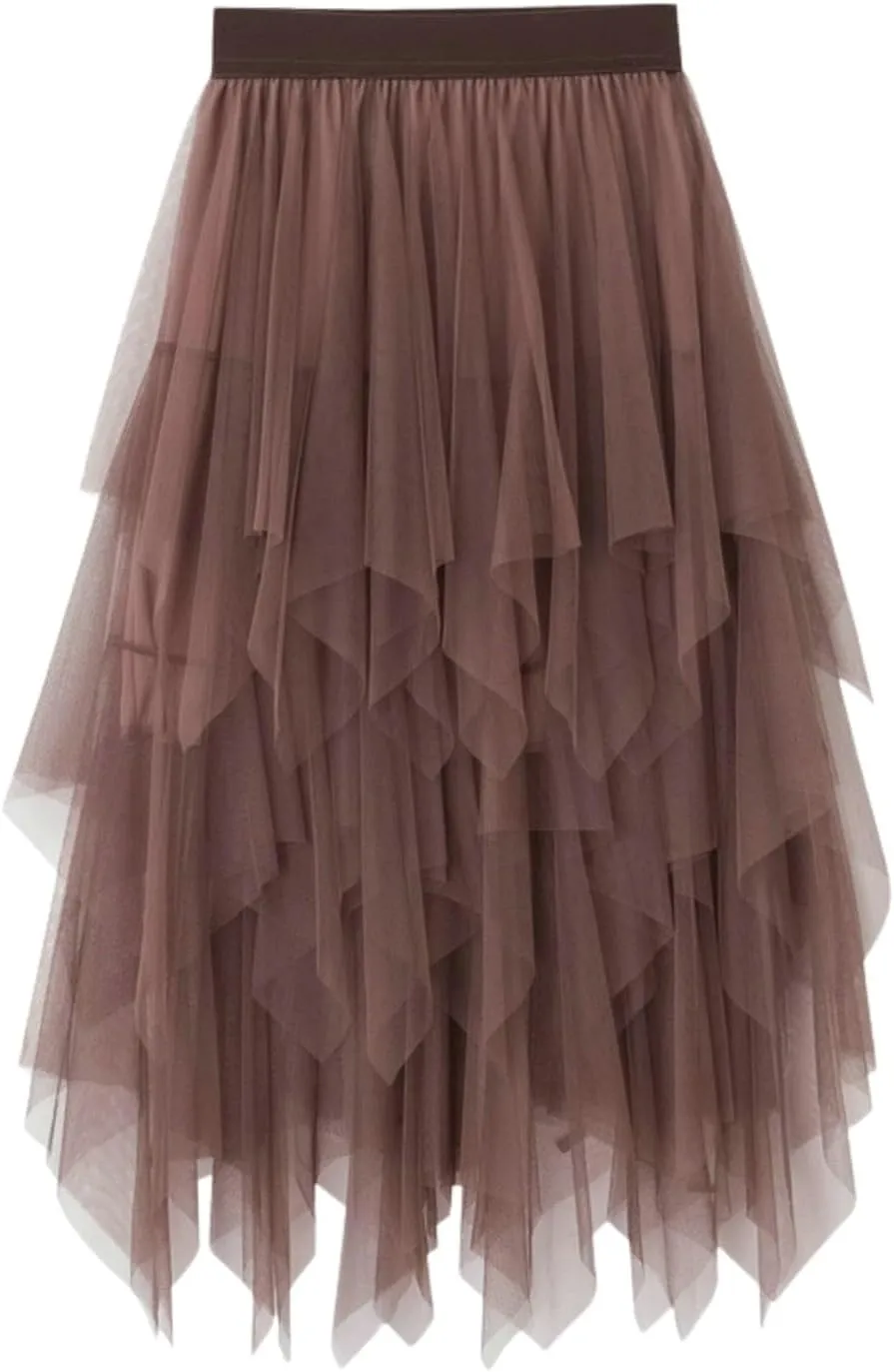 Tulle Skirts for Women Midi Length Summer Pleated Tiered Flowy Asymmetrical Skirt Elastic High Waisted Vacation Mesh Skirts