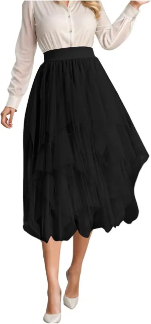 Tulle Skirts for Women Midi Length Summer Pleated Tiered Flowy Asymmetrical Skirt Elastic High Waisted Vacation Mesh Skirts
