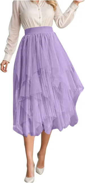 Tulle Skirts for Women Midi Length Summer Pleated Tiered Flowy Asymmetrical Skirt Elastic High Waisted Vacation Mesh Skirts