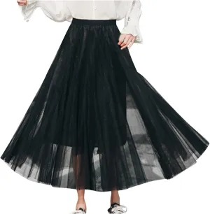 Tutu Tulle Skirt for Women Layered Mesh Ballet Prom Party A-Line Maxi Skirt Elastic High Waist Flowy Long Skirts