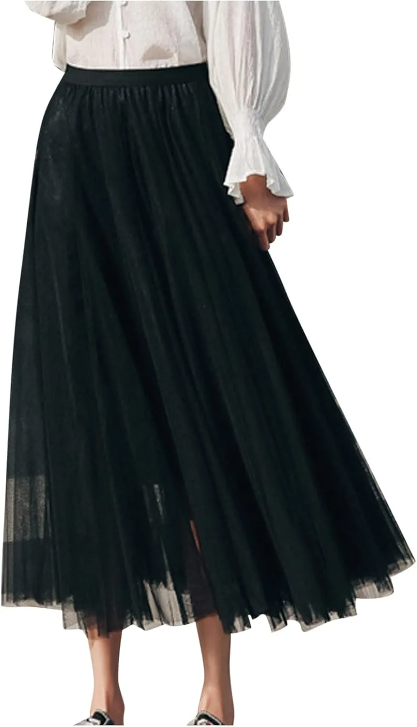 Tutu Tulle Skirt for Women Layered Mesh Ballet Prom Party A-Line Maxi Skirt Elastic High Waist Flowy Long Skirts