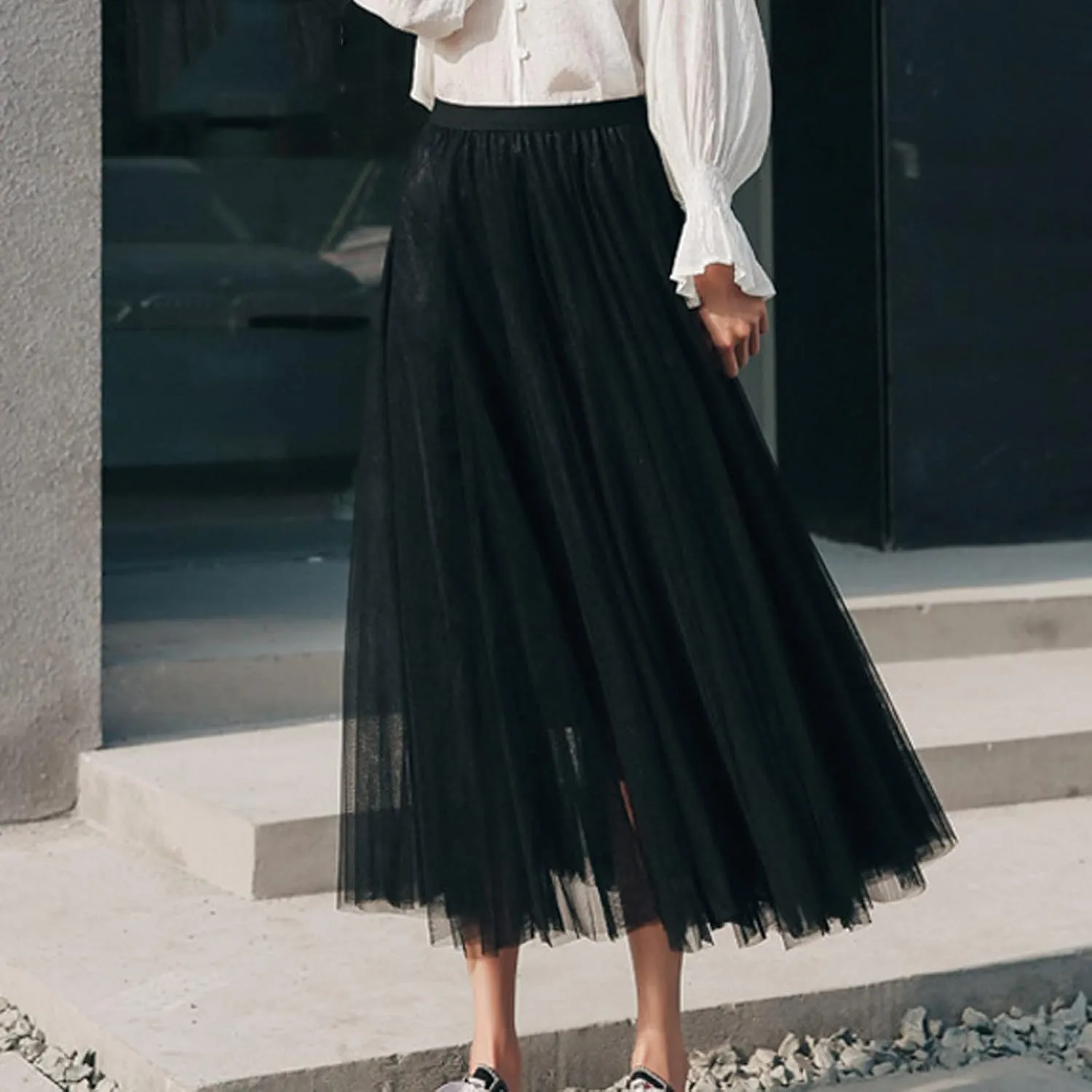 Tutu Tulle Skirt for Women Layered Mesh Ballet Prom Party A-Line Maxi Skirt Elastic High Waist Flowy Long Skirts