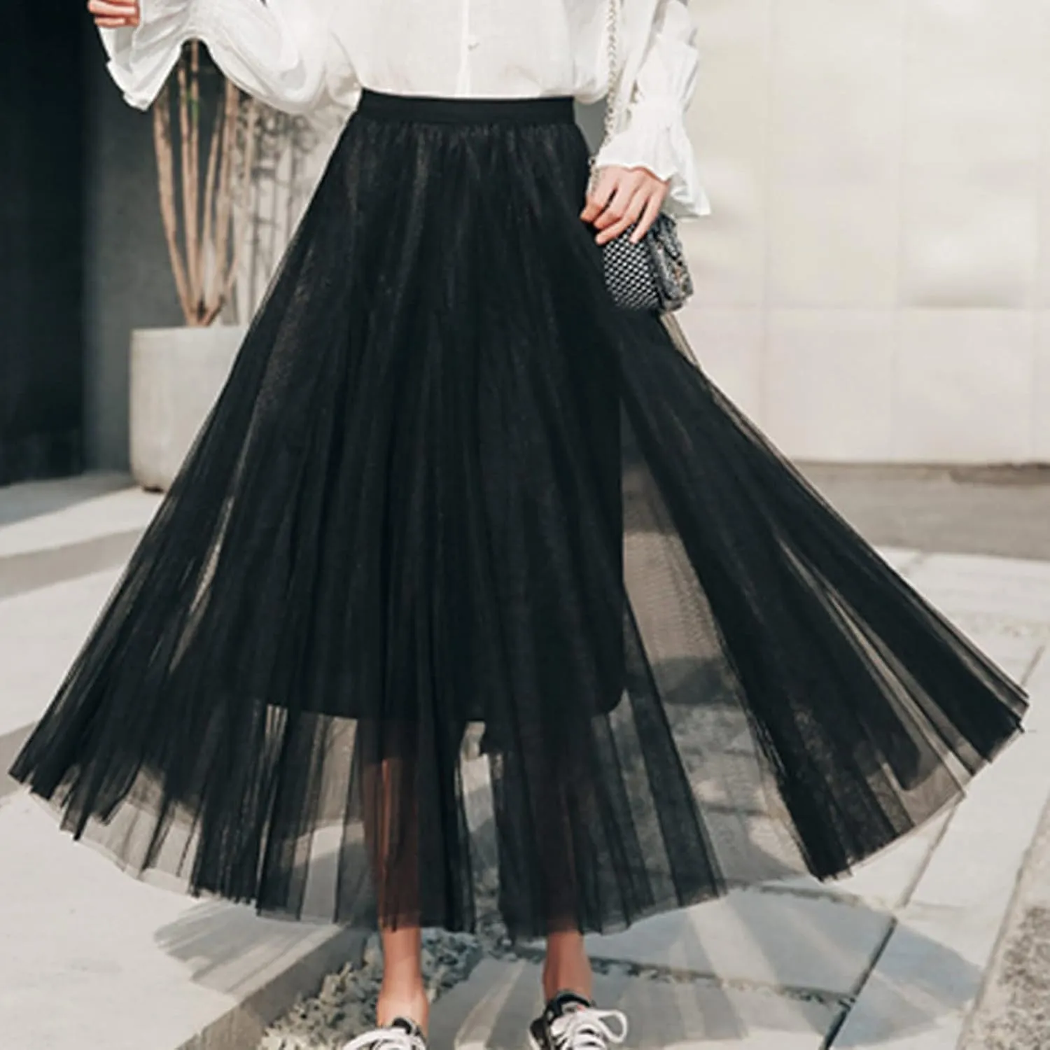 Tutu Tulle Skirt for Women Layered Mesh Ballet Prom Party A-Line Maxi Skirt Elastic High Waist Flowy Long Skirts