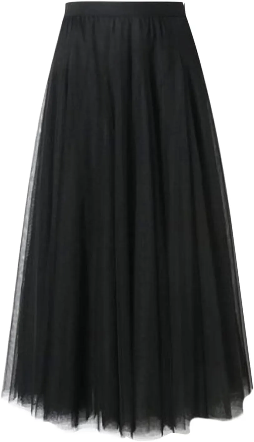 Tutu Tulle Skirt for Women Layered Mesh Ballet Prom Party A-Line Maxi Skirt Elastic High Waist Flowy Long Skirts