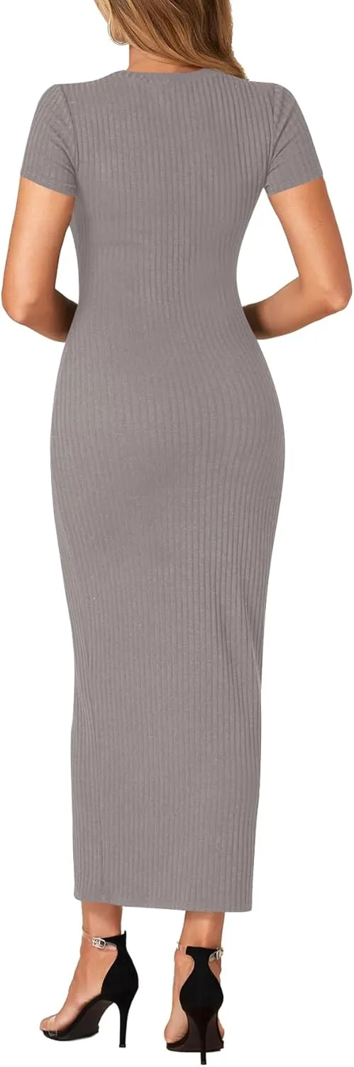 Umenlele Womens Casual Short Sleeve Ribbed Knit Bodycon Fitted Pencil Long Maxi Dress