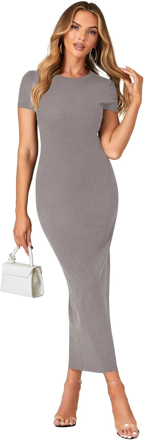 Umenlele Womens Casual Short Sleeve Ribbed Knit Bodycon Fitted Pencil Long Maxi Dress