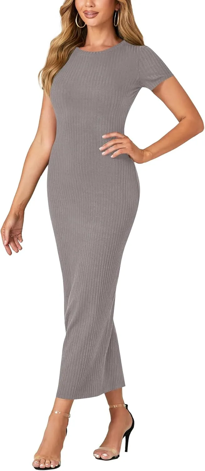 Umenlele Womens Casual Short Sleeve Ribbed Knit Bodycon Fitted Pencil Long Maxi Dress