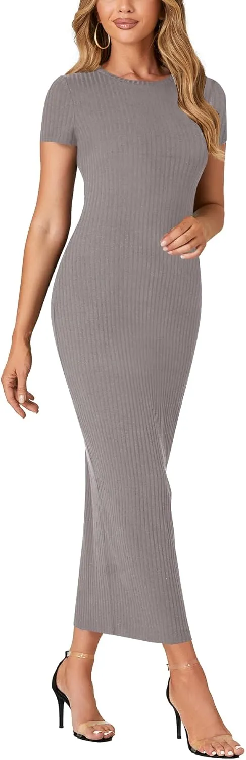 Umenlele Womens Casual Short Sleeve Ribbed Knit Bodycon Fitted Pencil Long Maxi Dress