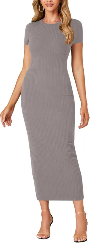 Umenlele Womens Casual Short Sleeve Ribbed Knit Bodycon Fitted Pencil Long Maxi Dress