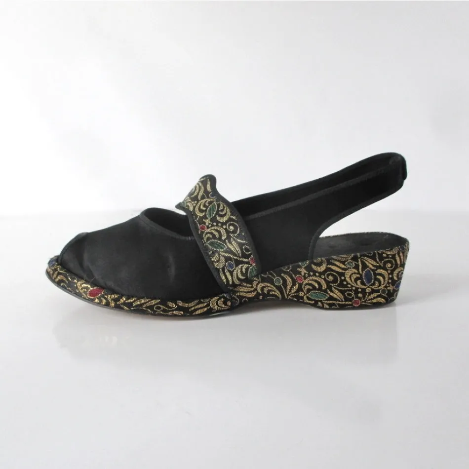 Vintage 40s Black Satin & Gold Brocade Slingback Wedge Slippers / Shoes 8