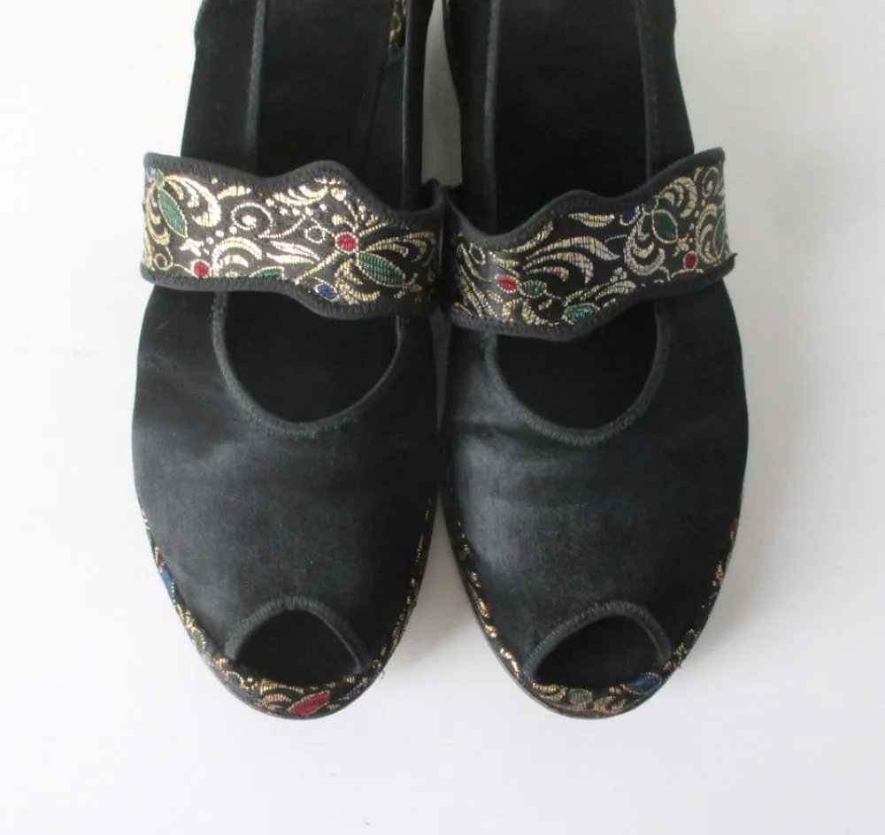 Vintage 40s Black Satin & Gold Brocade Slingback Wedge Slippers / Shoes 8