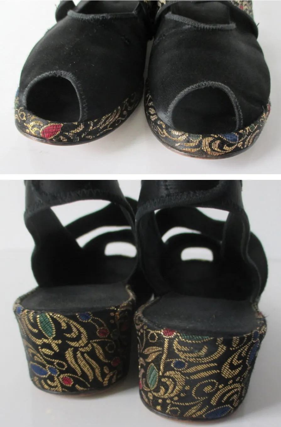 Vintage 40s Black Satin & Gold Brocade Slingback Wedge Slippers / Shoes 8