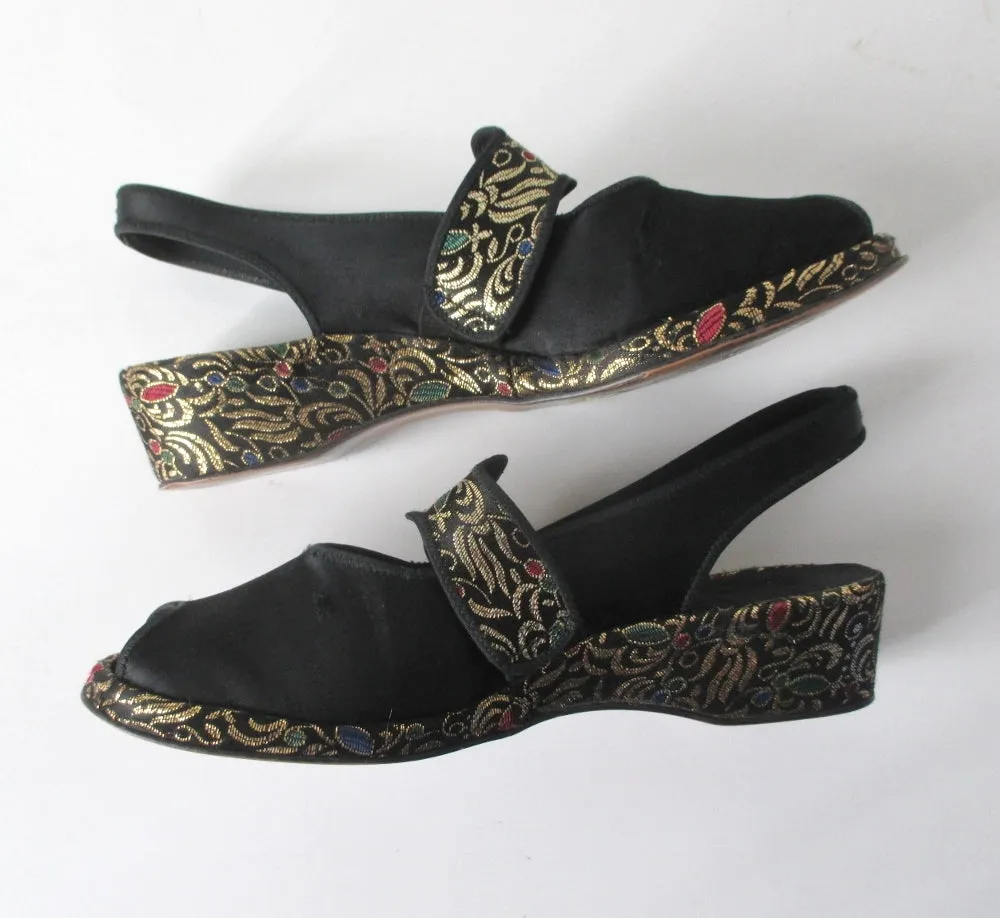 Vintage 40s Black Satin & Gold Brocade Slingback Wedge Slippers / Shoes 8