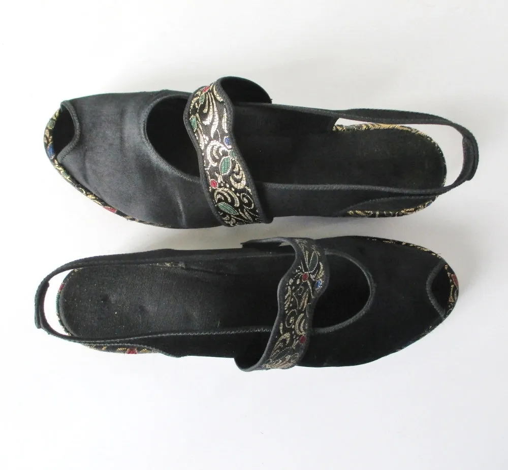 Vintage 40s Black Satin & Gold Brocade Slingback Wedge Slippers / Shoes 8