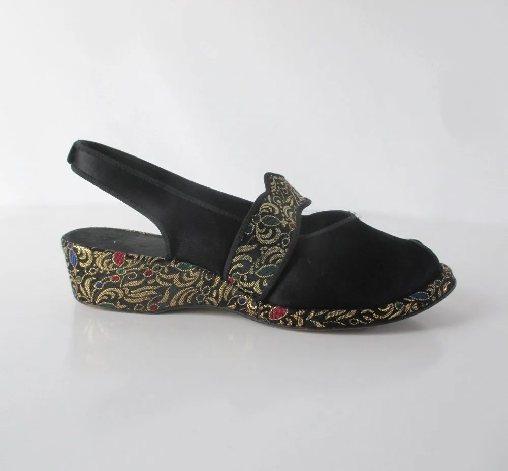 Vintage 40s Black Satin & Gold Brocade Slingback Wedge Slippers / Shoes 8