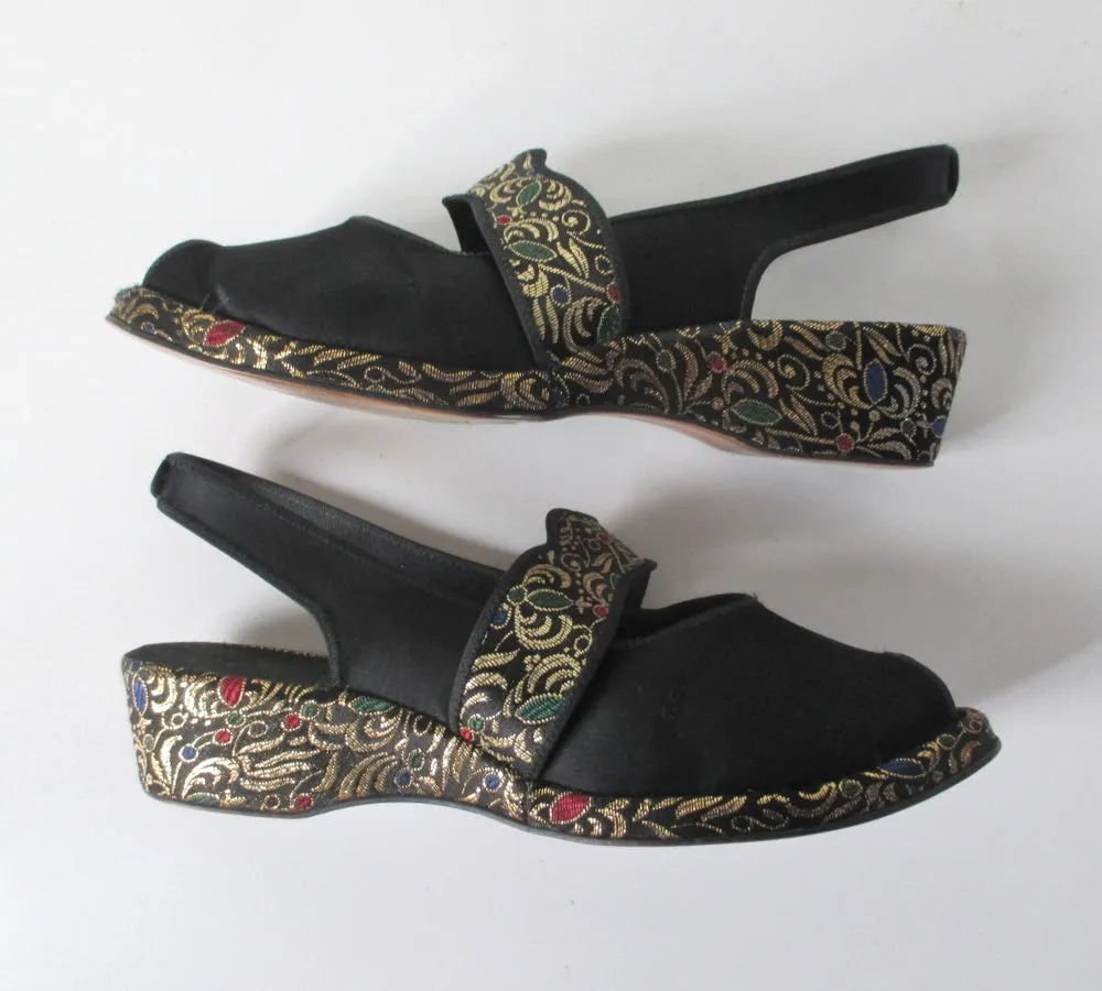 Vintage 40s Black Satin & Gold Brocade Slingback Wedge Slippers / Shoes 8