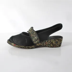 Vintage 40s Black Satin & Gold Brocade Slingback Wedge Slippers / Shoes 8