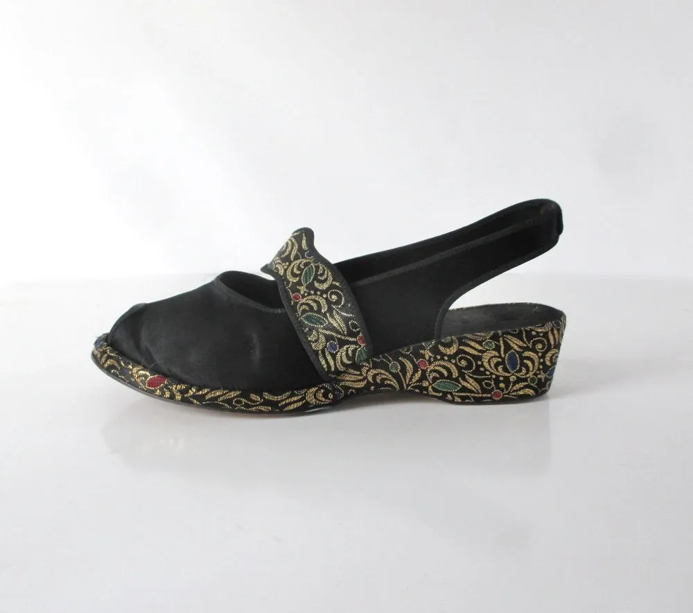 Vintage 40s Black Satin & Gold Brocade Slingback Wedge Slippers / Shoes 8